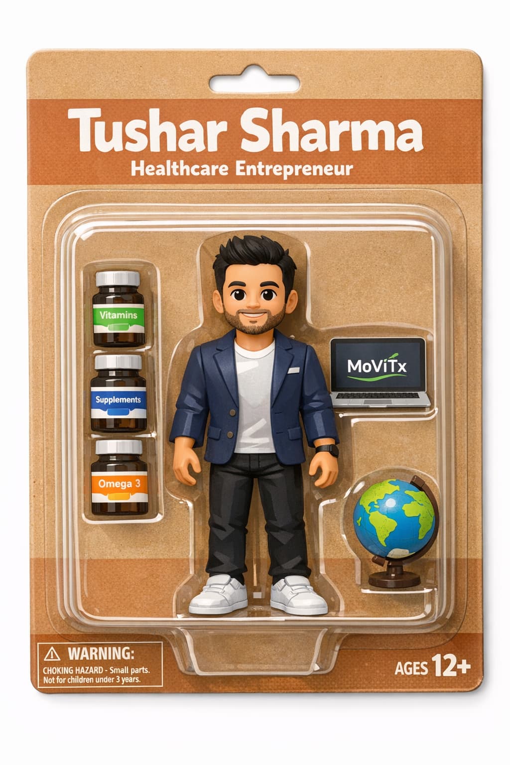 3D action figure toy of Tushar Sharma in blister packaging with accessories