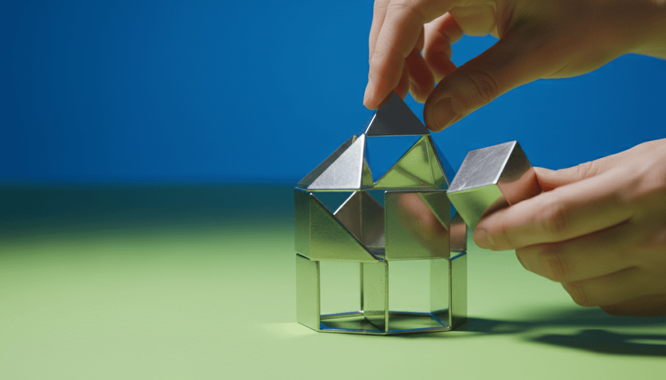 Hands building metal geometric structure symbolizing business growth and development