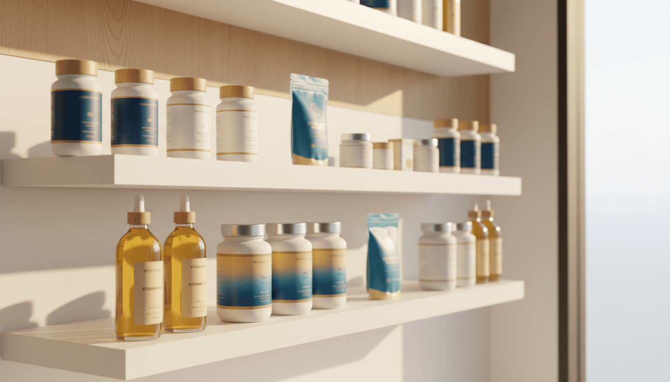 Premium nutraceutical and skincare products displayed in bright, modern wellness environment