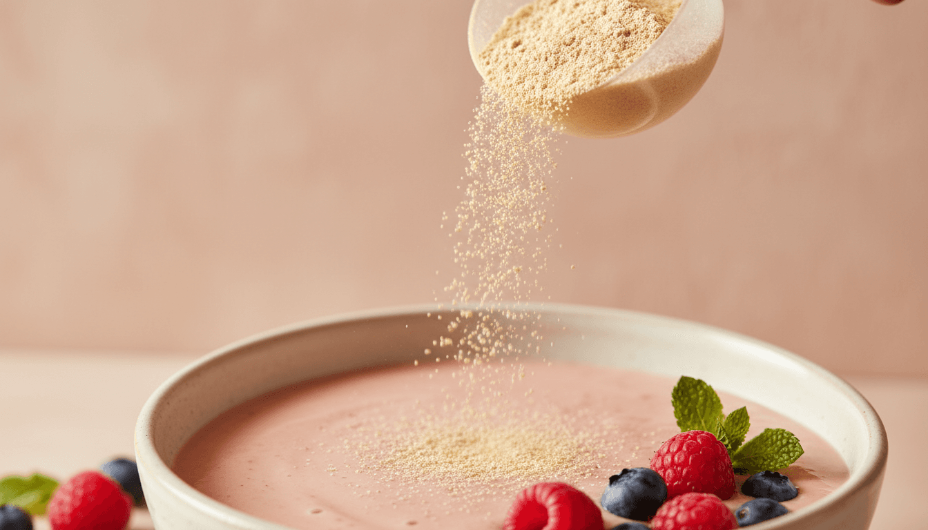 Collagen powder being added to smoothie bowl