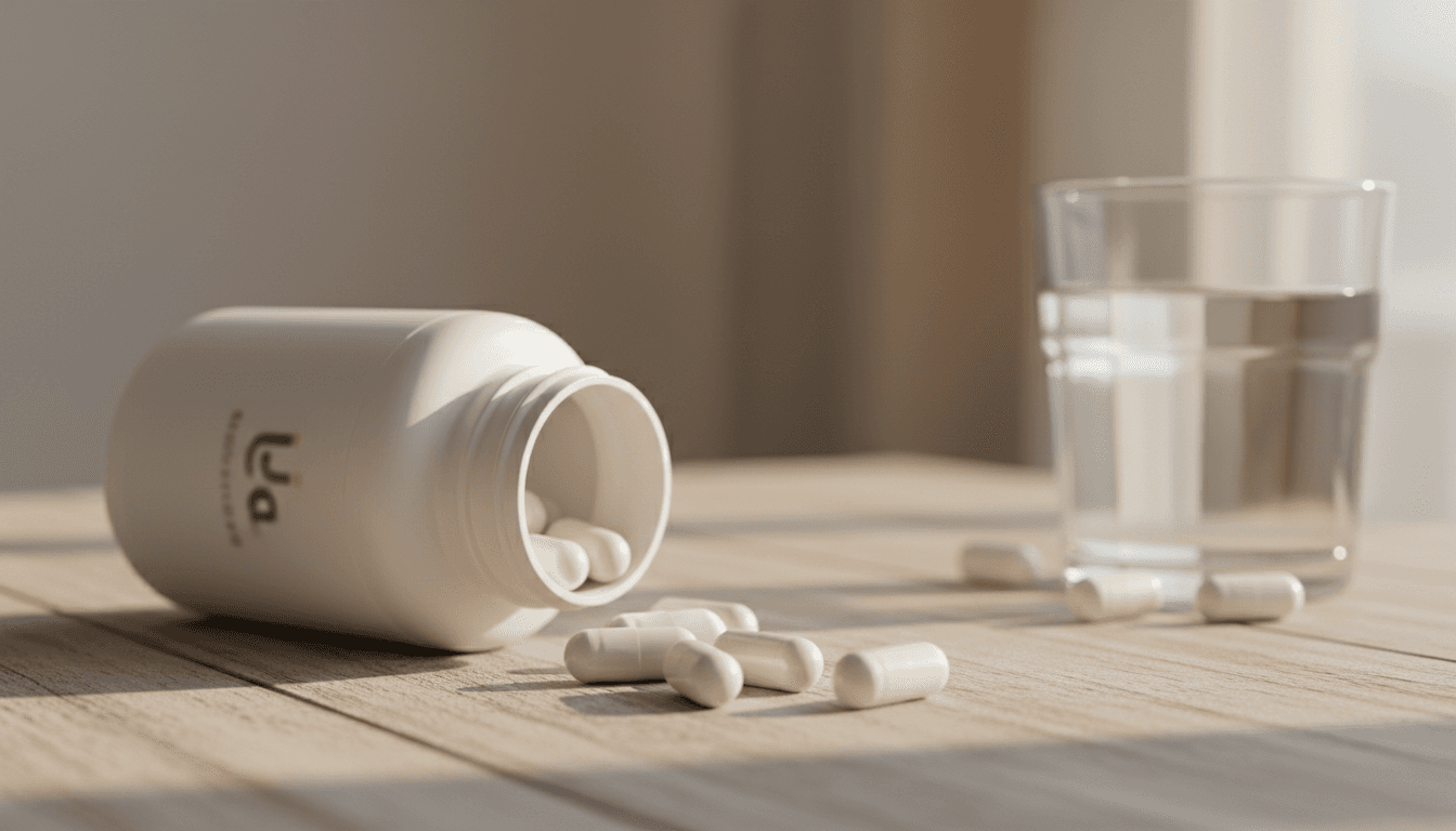 Zinc supplement capsules with bottle on wooden surface