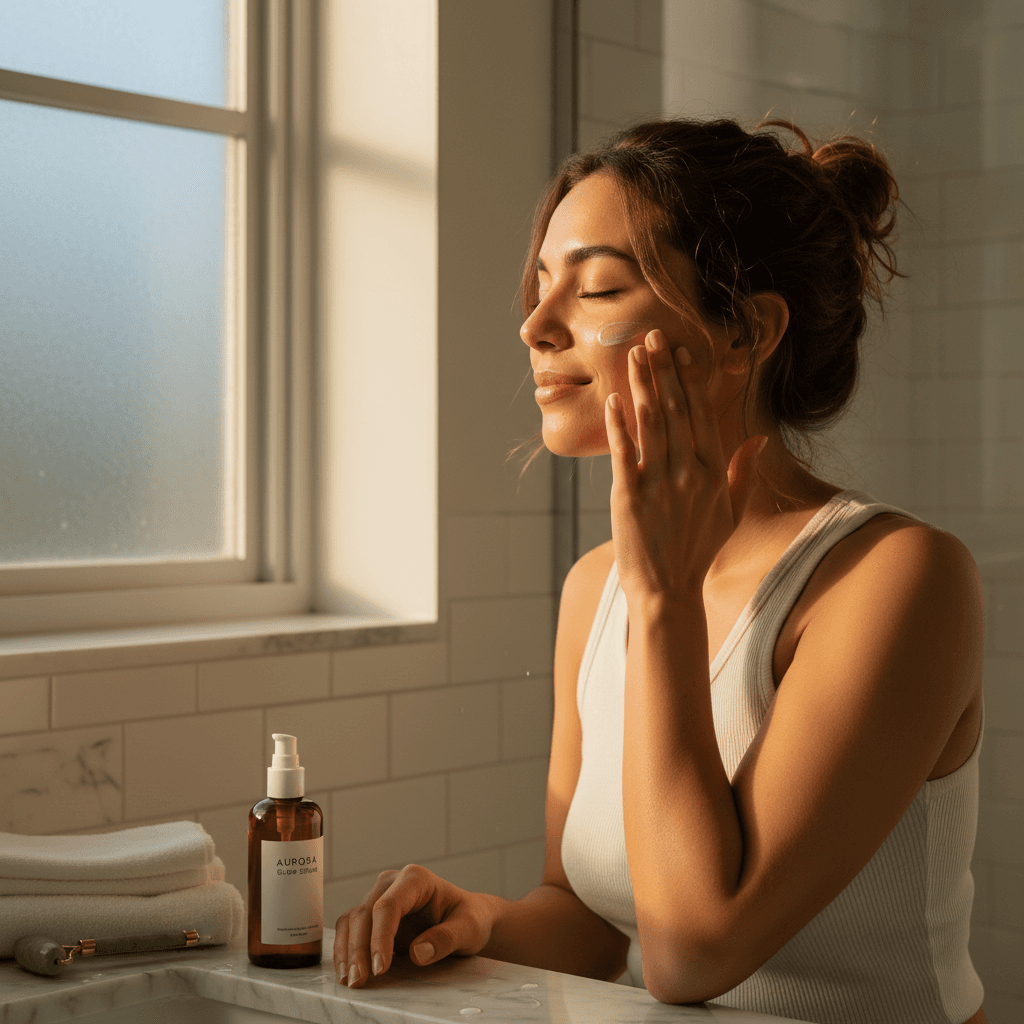 Person applying derma skincare product to face