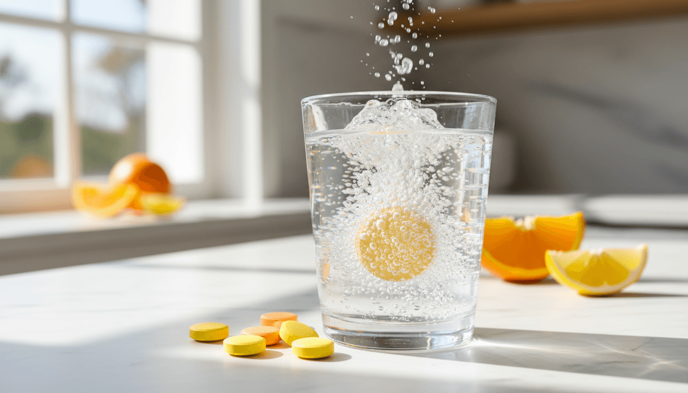 Vitamin C supplement dissolving in water with natural light