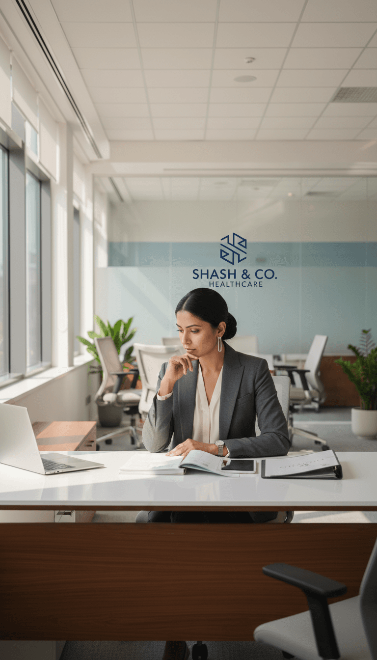 Professional woman reviewing career documents at modern workspace