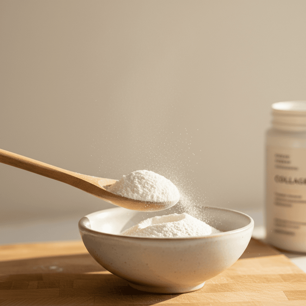 Collagen powder supplement with wooden scoop