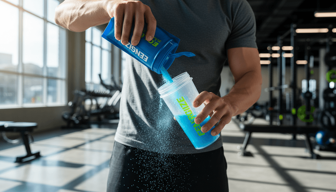 Glucose supplement being mixed in shaker bottle at gym