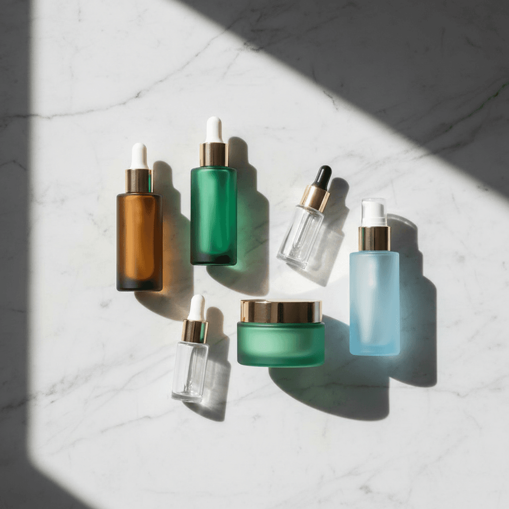 Skincare product bottles arranged on marble surface