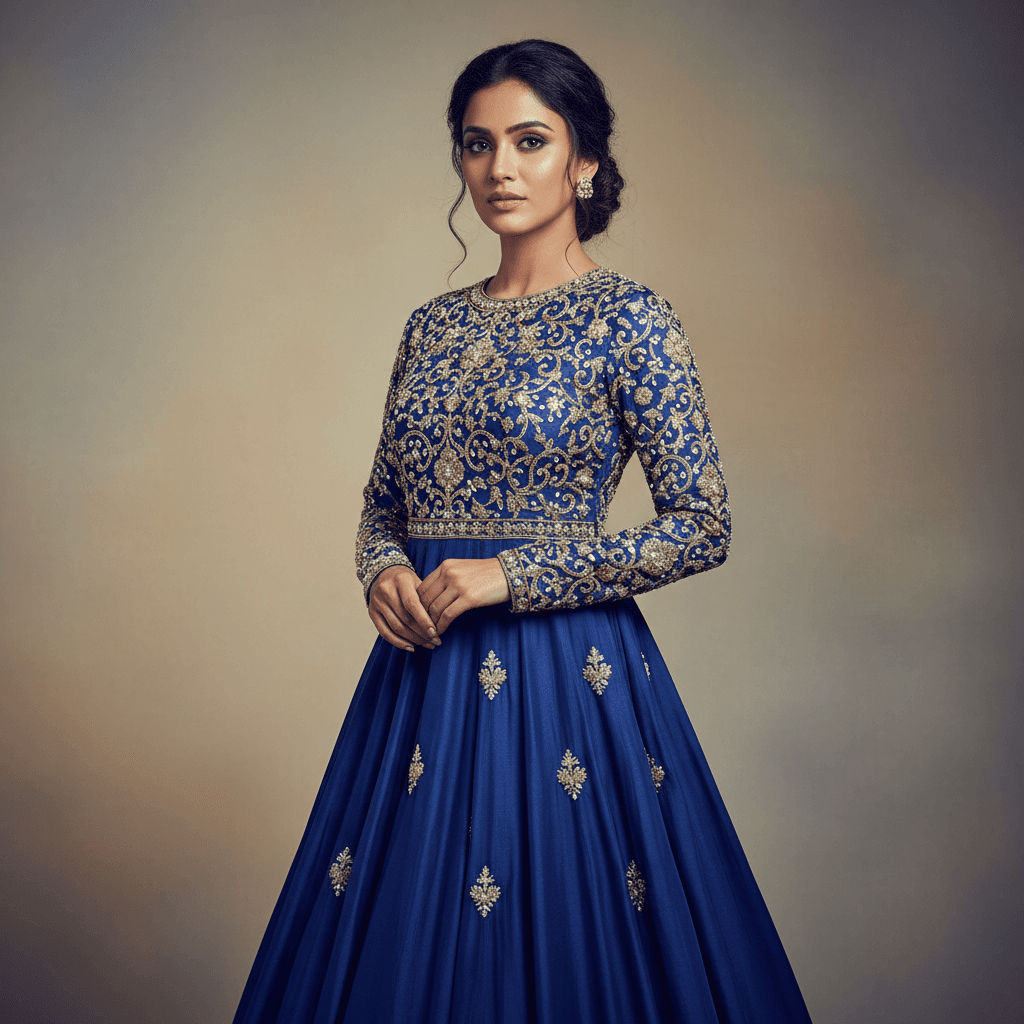 Woman wearing ornate embroidered anarkali formal wear with dignified posture against softly blurred studio backdrop